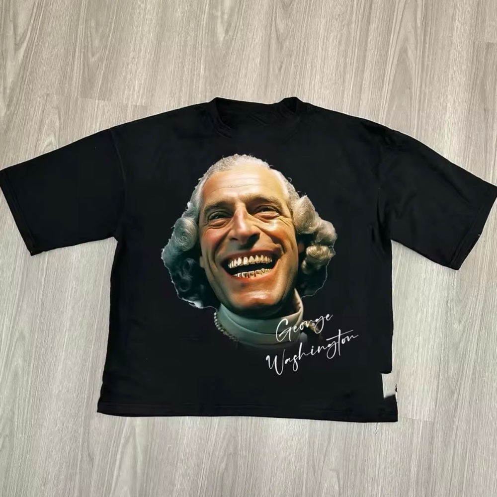 Black Graphic T-Shirt with George Washington Print